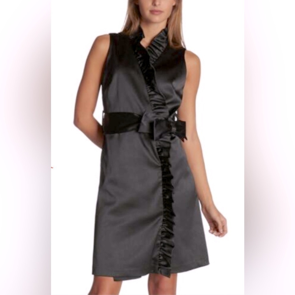 Eliza J Black Satin Ruffled Wrap Cocktail Dress